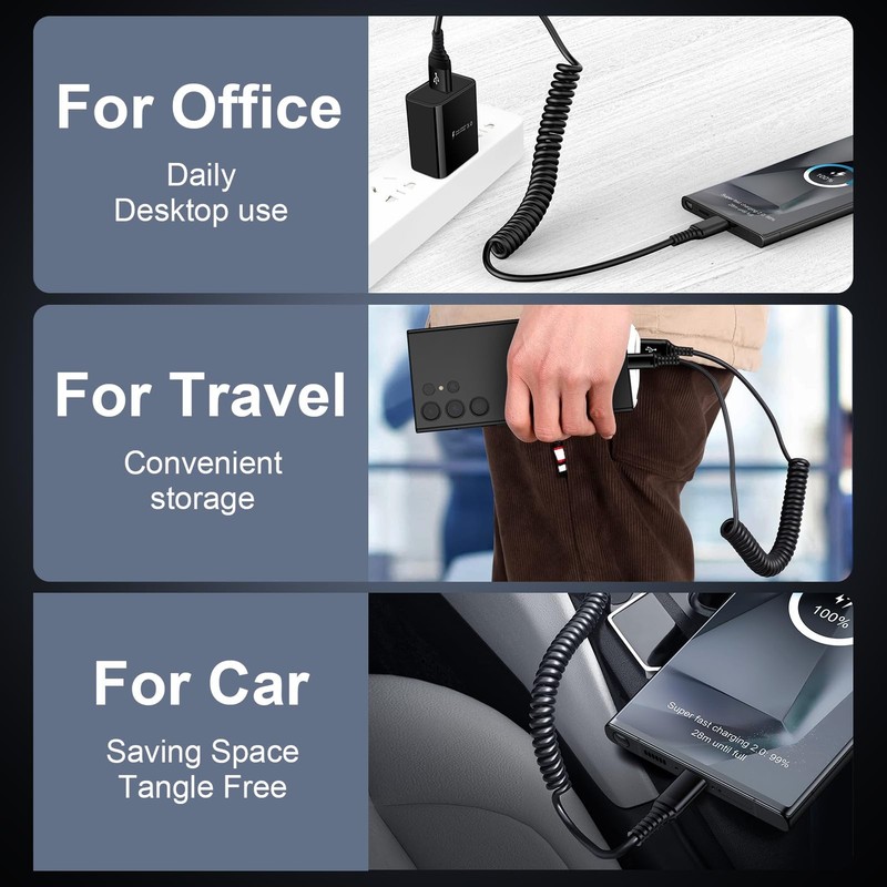 Android Auto USB C Cable Fast Charging Cord Samsung S25 FE Coiled USB C to USB A gallery