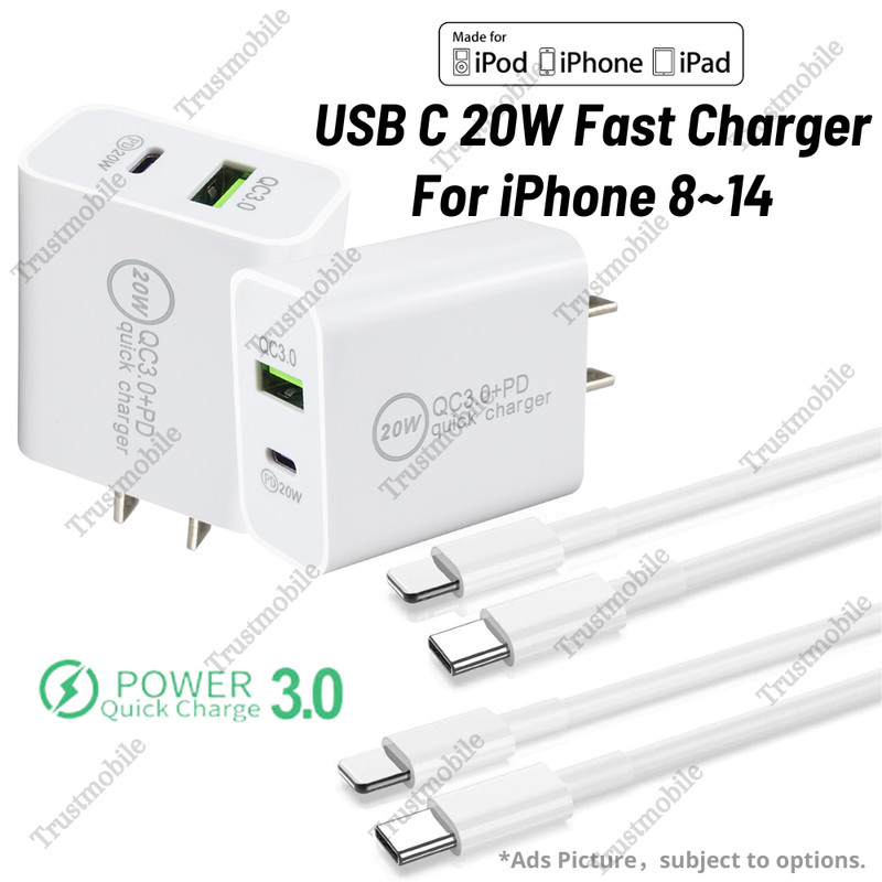 For iPhone 11/12/13/14 Pro/8/XR/XS Fast Charger 20W PD Cable Power Adapter USB-C