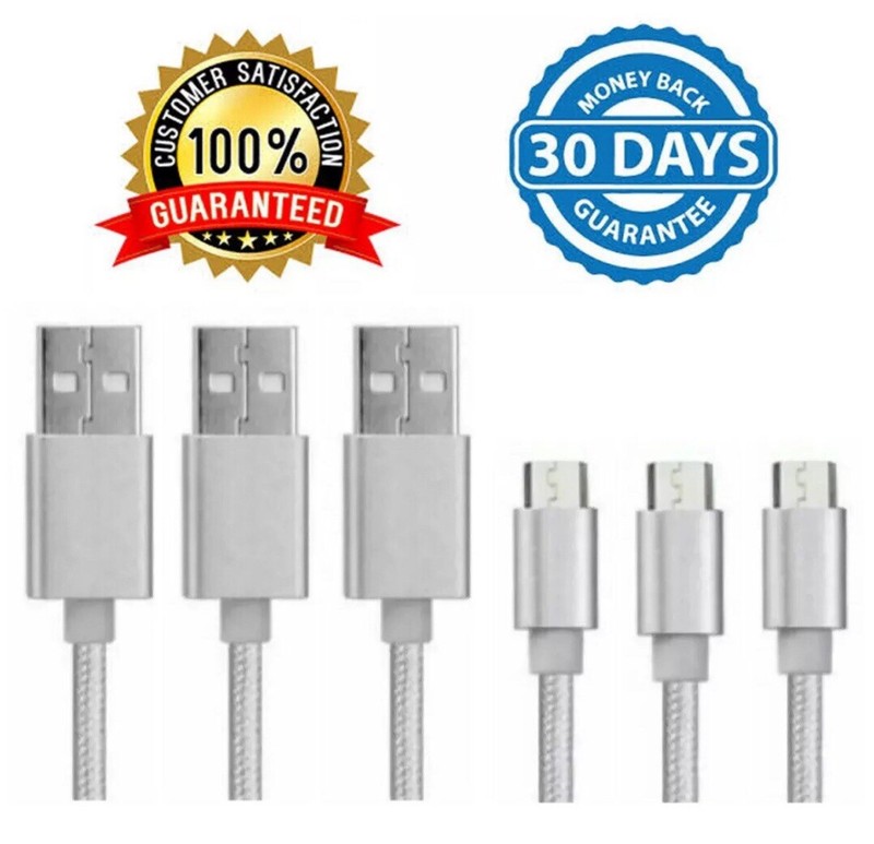 3x Micro USB Nylon Braided Charging Cords Silver 3-ft For Android Samsung Phones