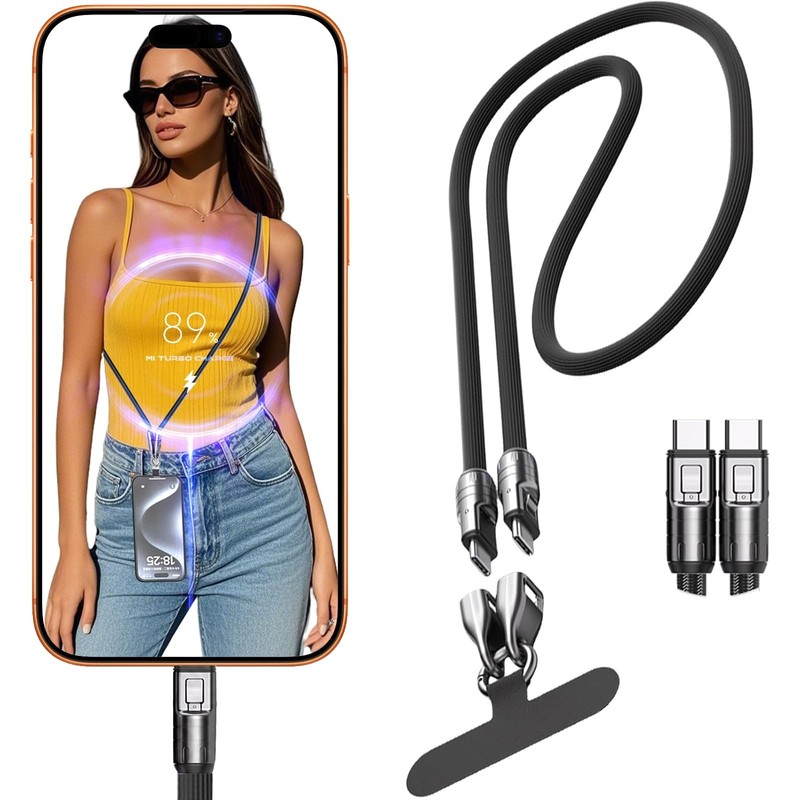 Ephoou Phone Lanyard Charging Cable Type C, Crossbody USB C Full, Black
