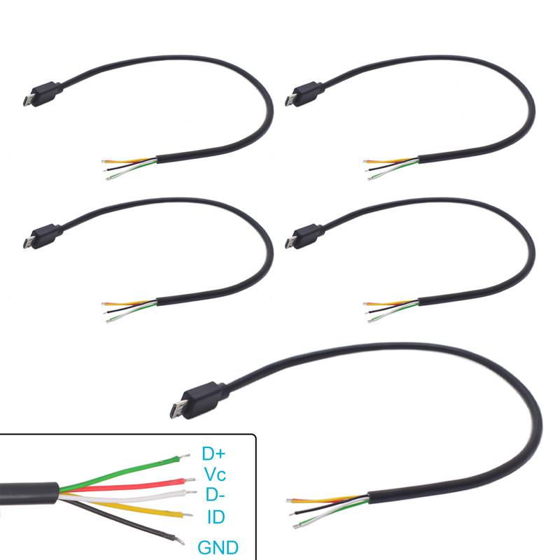 5x 0.3M/1FT Micro USB 5-Pin Male Pigtail w/ 5 Bare Wires for Phone Repair DIY