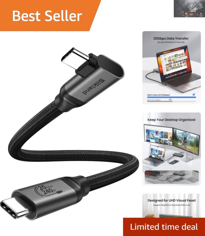 Compact 20Gbps USB C Data Cable – 1FT with 90-Degree Design for Organized Spaces