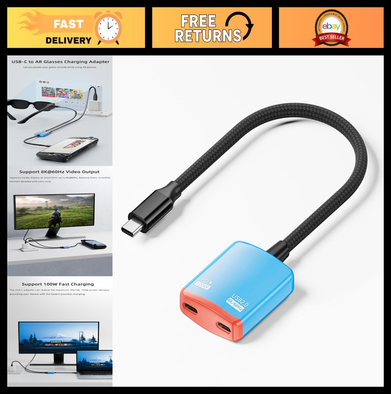 USB-C Splitter Adapter for AR Glasses, Charge & Play for Switch, Steam Deck, iPh