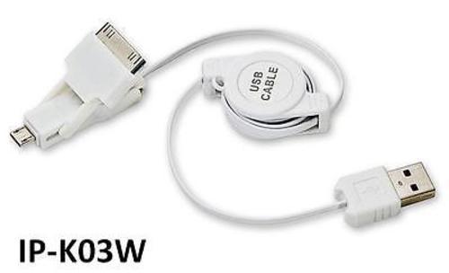 28" USB Interchangeable 3-In-1 Retractable Cable w/ Micro-B Mini-B & 30-Pin Mac