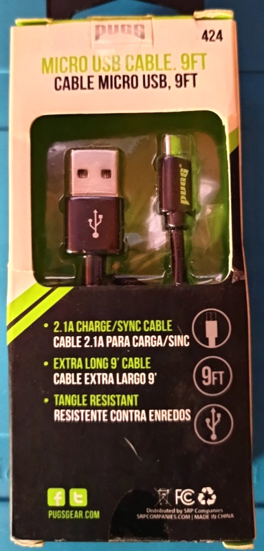 Pugs Micro USB (from USB-A) Charge Cable 9ft