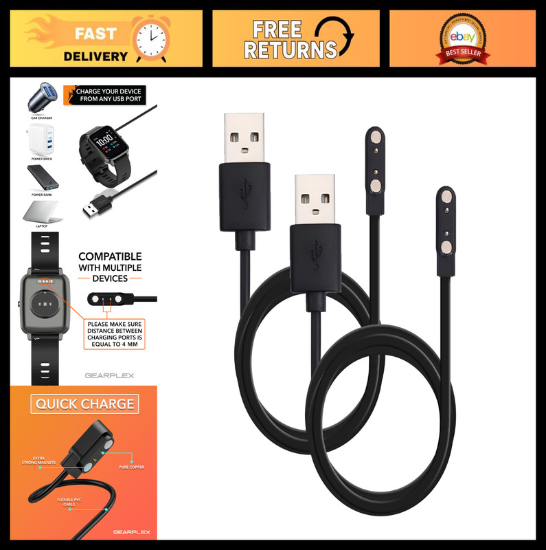 Magnetic USB Charging Cable for Smart Watch & Bluetooth Devices – 2 Pack, 4mm