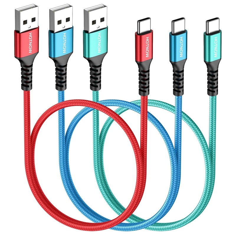 3Pack Red Blue Green 1.5FT Fast Charging USB C to USB C Nylon Cables 3A