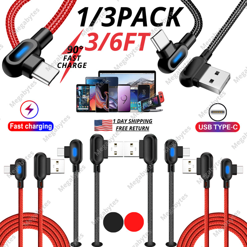 90° Right Angle USB Type C Fast Charge Cord Charger Cable For Samsung Galaxy A21