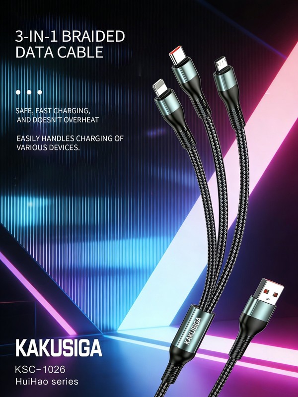 3 in 1 Fast USB Charging Cable Universal Multi Function Braided 5A Charger Cord