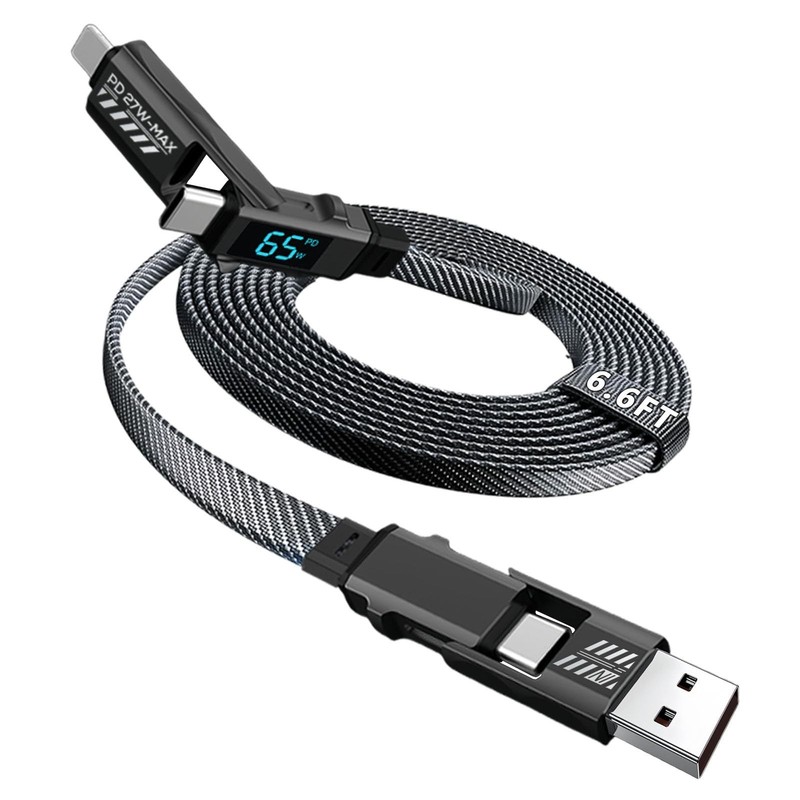 4-in-1 USB C Charging Cable 65W with Wattage Display, 6.6FT Nylon Braided Multi- gallery