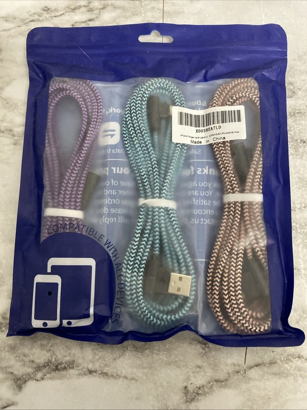 Braided Charger Cable Heavy Duty USB lot Cord For iPhone, Set Of 3. 8 Ft Long