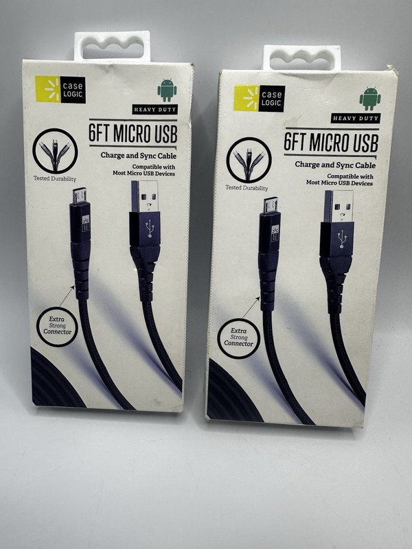 Lot of 2 Case Logic Heavy Duty Micro USB Charge and Sync Cable 6FT Black
