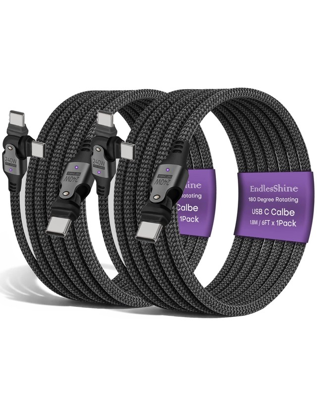 2 Pack 6+6 Ft USB Cable Type C To C 180 Rotation PD 240W 480MBPS Data Black