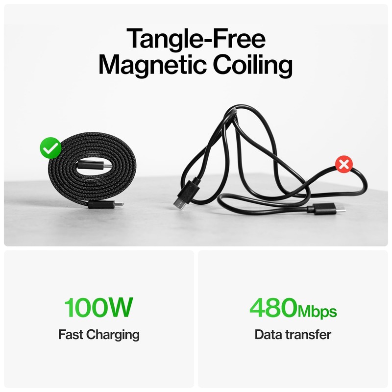MagStack Slim Pro - USB C to USB C Cable, Magnetic Anti Tangle Flat Type C Ch... gallery