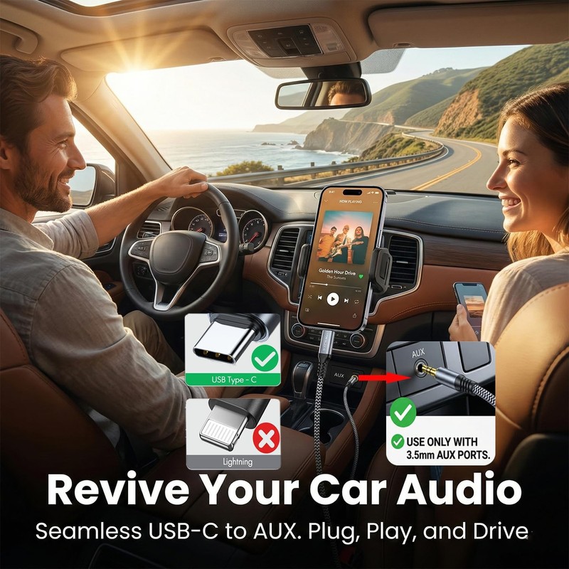 Aux to USB C, 3.3ft Aux Cord to USB C Compatible with iPhone 15/16/17, Galaxy S2 gallery