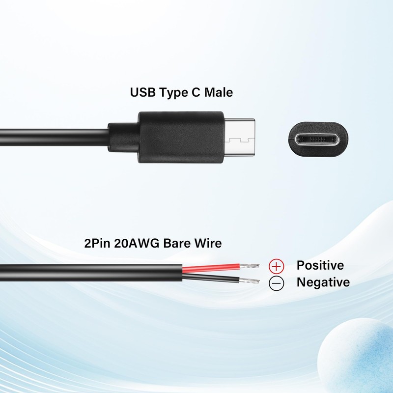 2 PCS 0.5M USB C Pigtail Cable 5V Type C Male Plug 2 Pin Bare Wire Extension gallery