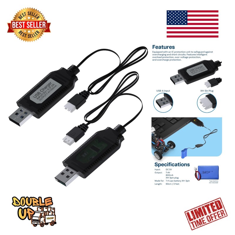 2-Pack USB Charger Cable for 7.4V LiPo Batteries – Reliable Charging Solution