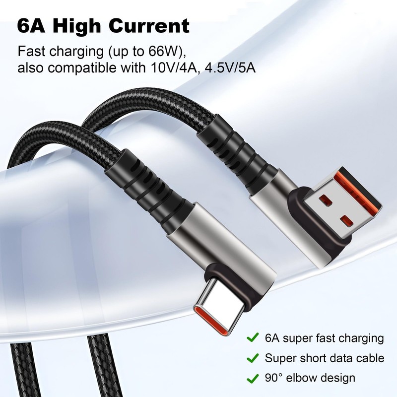 Short USB A to Type C Cable 90 Degree Right Angle Braided 6A Fast Charging gallery