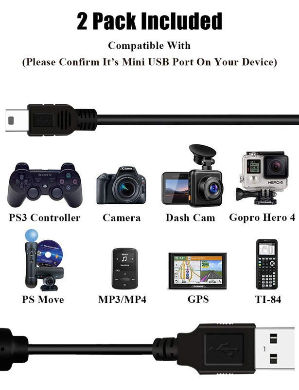 2 Pack 10Ft PS3 Controller Charger Cable - Fast Mini USB Data Charging Cord for gallery