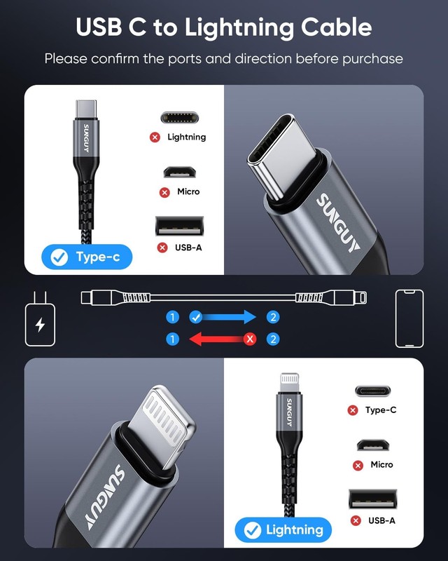 SUNGUY USB-C to Lightning Cable 2FT, 2-Pack [MFi Certified] iPhone Grey gallery