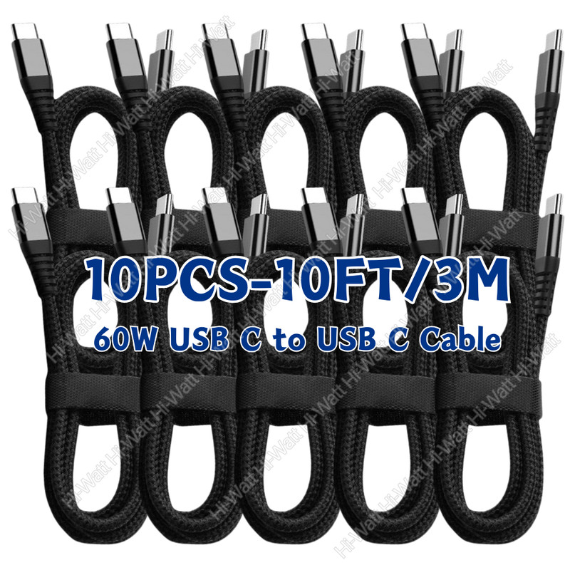 10X 60W USB C to C Cable Fast Charge PD Nylon Cord 10FT for iPhone15 Samsung Lot