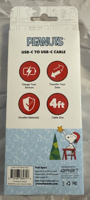 Peanuts Snoopy 4Ft USB-C To USBC Charger Cable Data/Sync Stocking Stuffer Tree gallery