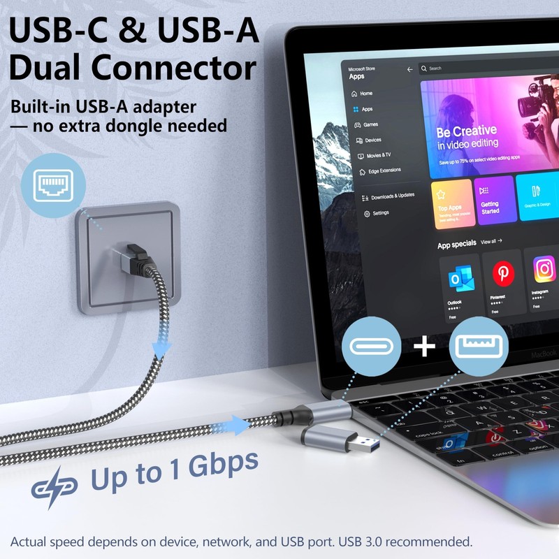 USB-C/USB-A to Ethernet Cable 25 ft, Built-in USB-A Adapter, Up to 1Gbps Giga... gallery