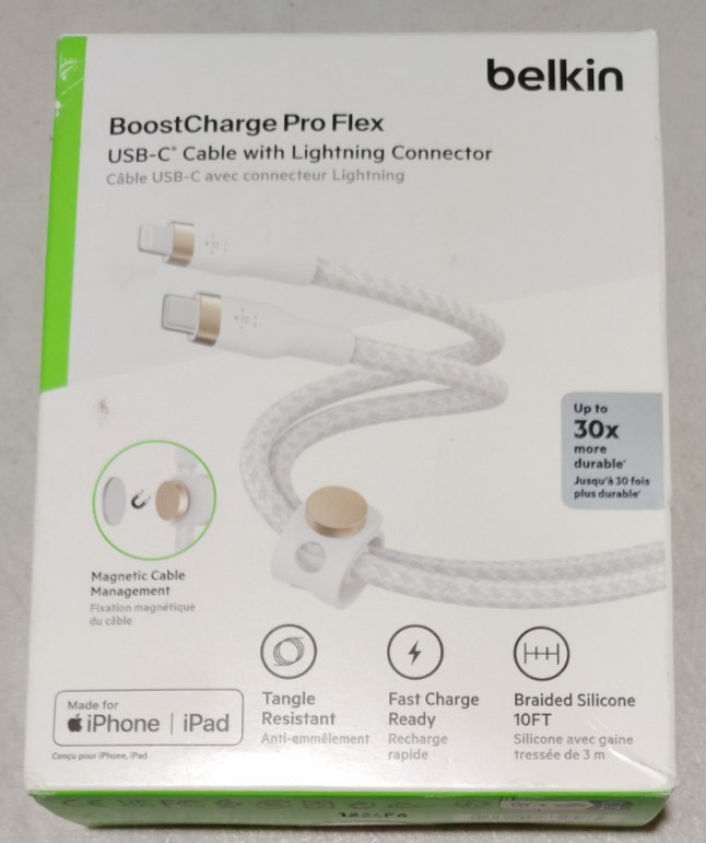 Belkin BoostCharge Pro Flex Braided USB C Cable for Apple – 10 Ft White cable
