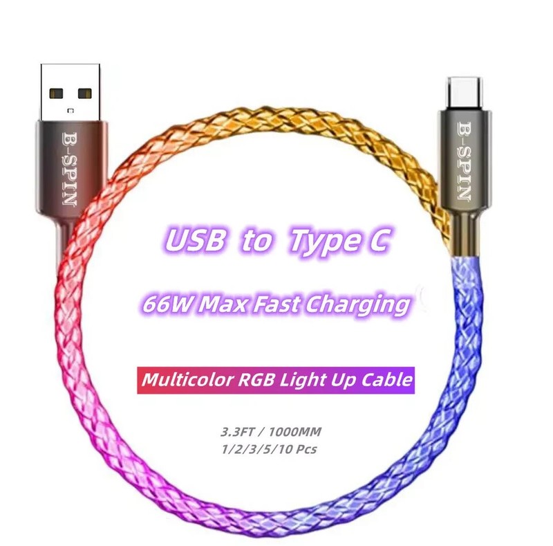 LED RGB Multi Light up USB Type C Fast Charging Cord Charger for Samsung Android