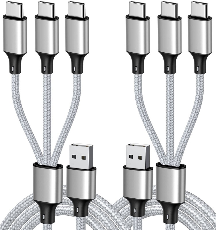 2 PCS 4FT 3 In 1 Multi Fast Charging Cable USBC Splitter 3 TypeC Port Silver
