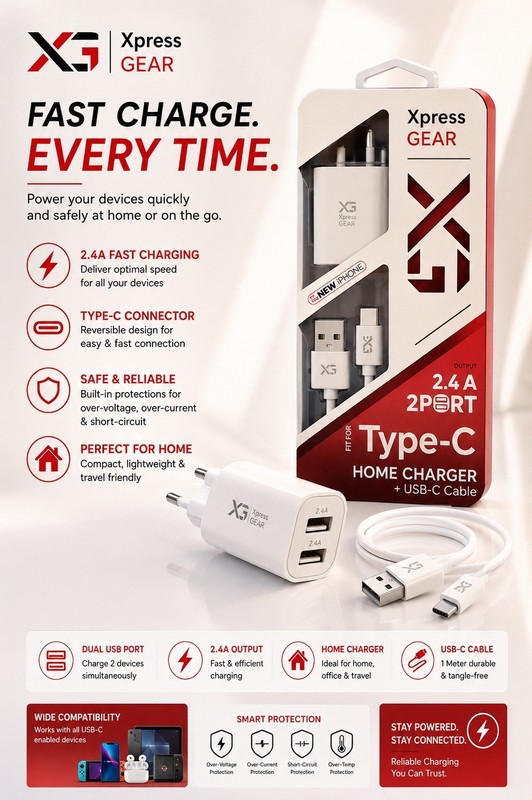 🔥Xpress Gear Type-C Home Charger 2.4A Fast Charging Adapter+Cable White🔥New