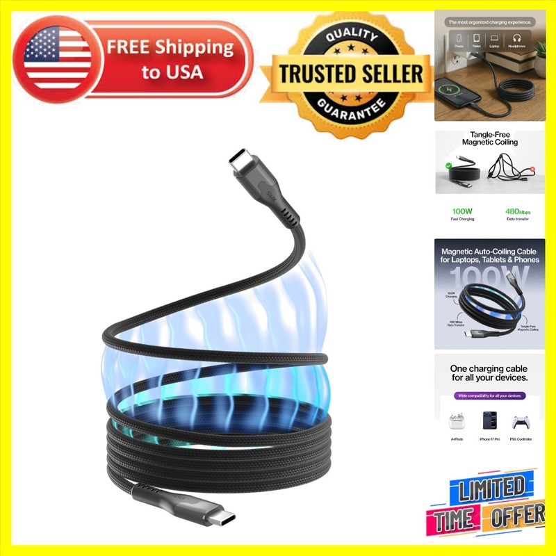 MagStack Pro 3FT USB C Magnetic Charger Cable – Fast 100W Charging, Tangle-Free