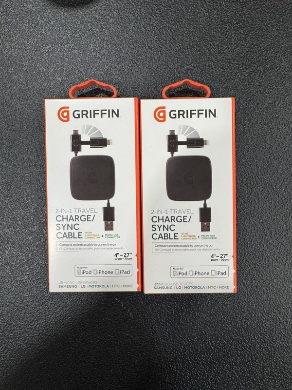 Lot Of 2- Griffin 2 in 1 Travel Charge/Sync Cable (Lightening Cable & Micro USB)