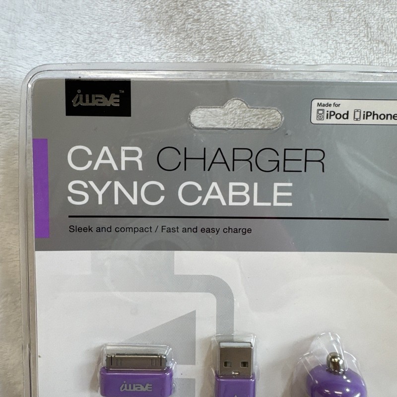 iWave Car Charger Purple Sync Cable Made for iPod iPhone New in Package gallery