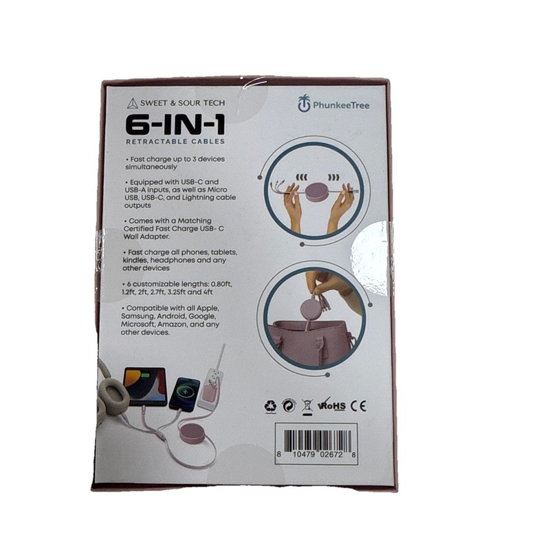 NEW Phunkee Tree 6-In-1 Retractable Cable SWEET SOUR TECH W/ FAST CHARGE ADAPTER gallery