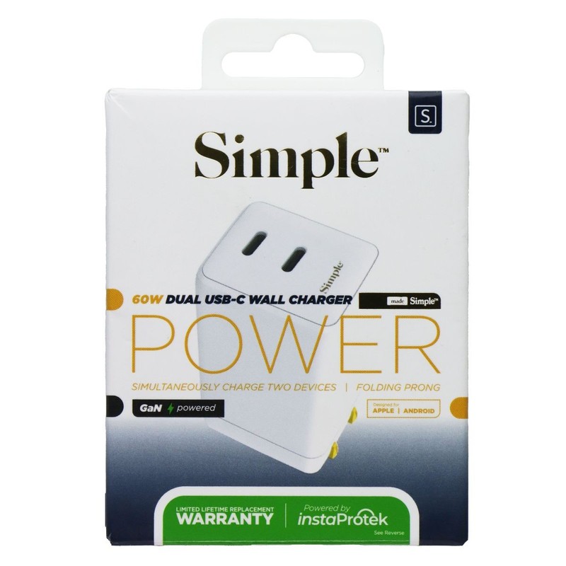 S. Simple (60W) Dual USB-C GaN Powered Folding Wall Charger – White (581231)