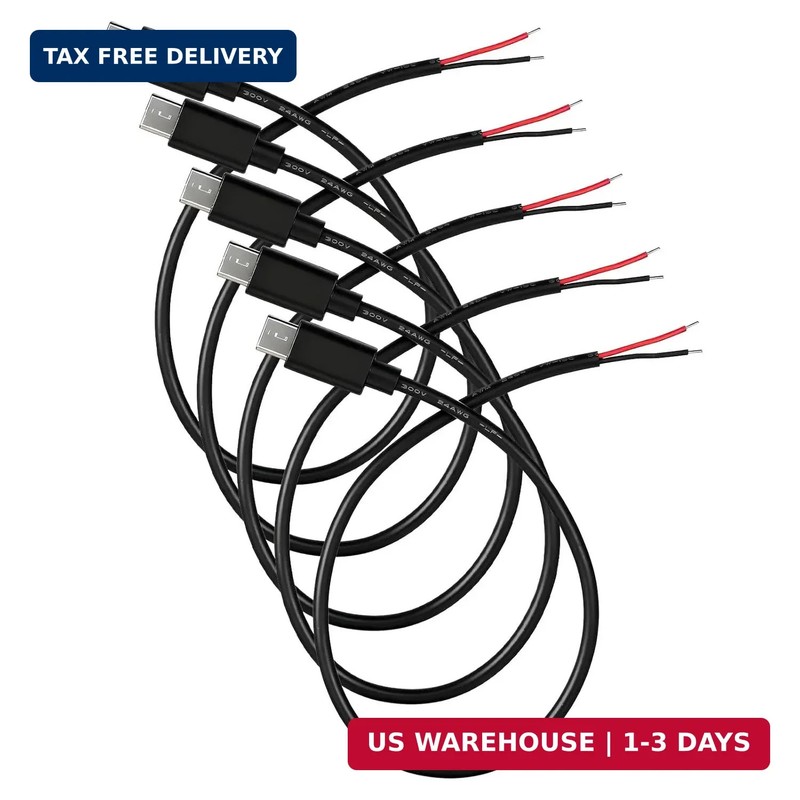 5 Pcs USB C to 2 Pin Bare Wire Open End Power Cable 11inch 24AWG USB Type C Male