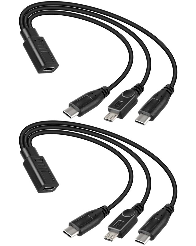 2 PCS 1FT 3 In 1 USB C Splitter Charge Cable Type C Female To Micro USB Male