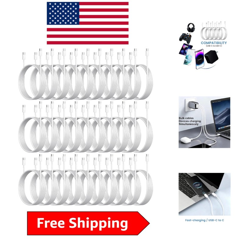 Bulk 30-Pack 3.3ft USB-C to USB-C Cords for Fast Charging – 48W White Cables