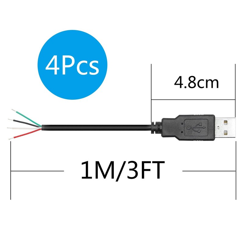 4 PCS USB A Male 4 Pin Bare Wire 1M/3FT 5V/2A Pigtail Open End Power Data Cord gallery