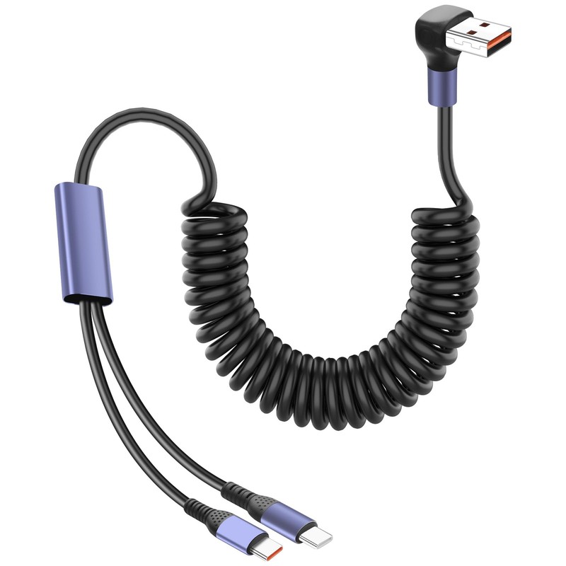 Coiled Multi USB Charging Cable 2 in 1 Type C Port 90 Degree Splitter 5.9FT