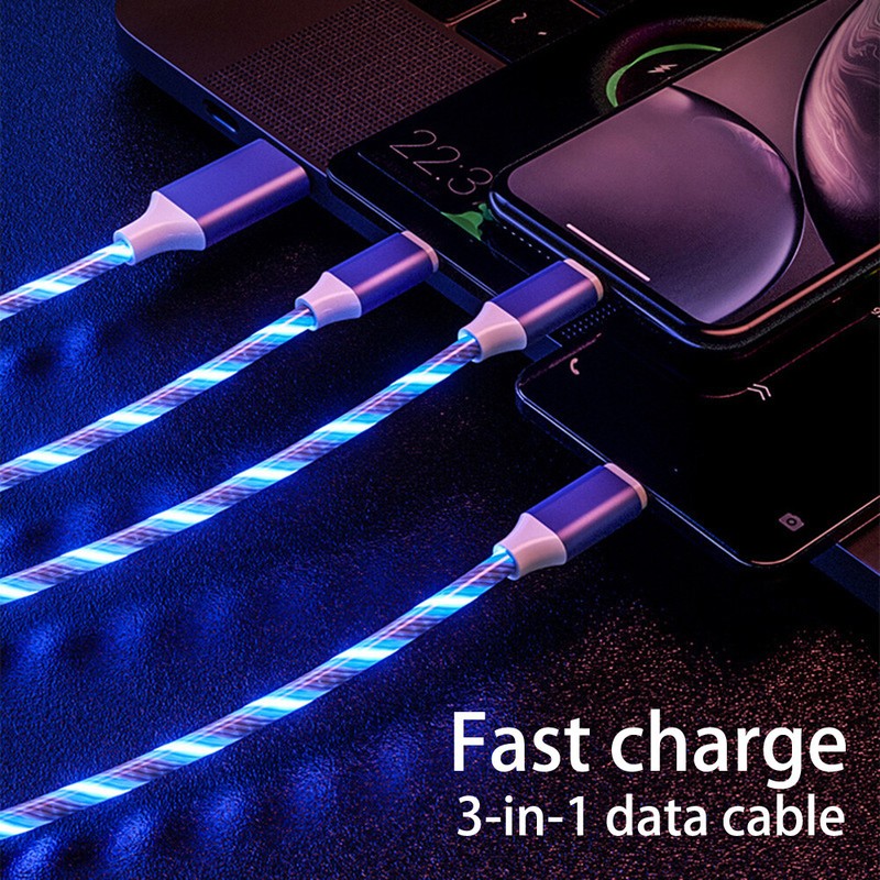 3PCS Blue 3 in 1 LED Light Up Charging Charger Cable For iPhone Micro USB Type C gallery
