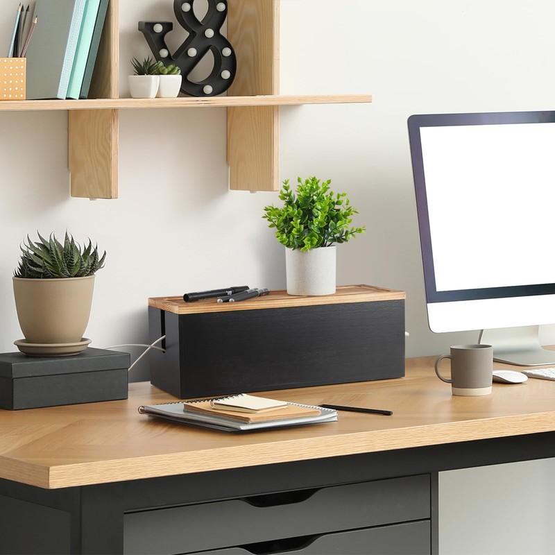 Bivvclaz Large Cable Management Box, Wooden Cord Organizer Box Large, Black gallery