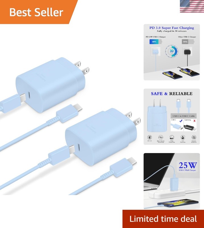 2-Pack 25W Type C Fast Charger Set with 6ft USB C Cable – Blue