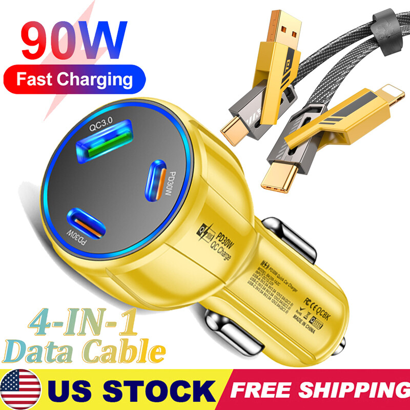 90W USB-C PD Fast Car Charger Type C Cable For iPhone 16 15 14 13 12 11 Pro Max