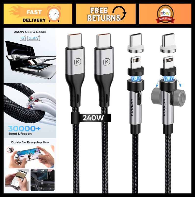 240W Magnetic Phone Charger Cable 2-Pack, 6ft Nylon Braided USB C, 540° Rotating