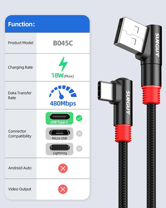SUNGUY 6 inch/0.15M Right Angle USB C to A Cable 2Pack, 3A Short 0.5FT, Black gallery