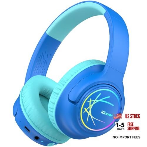 Kids Bluetooth Headphones with LED Lights, 43H Playtime, Type-C Fast B-Blue
