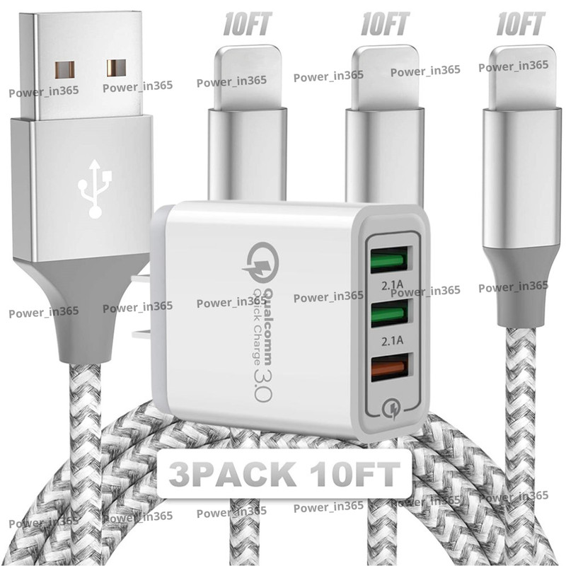 For iPhone 6 7 8 SE XR 11 12 13 14 QC Fast Charger Cube 10Ft USB Charging Cable