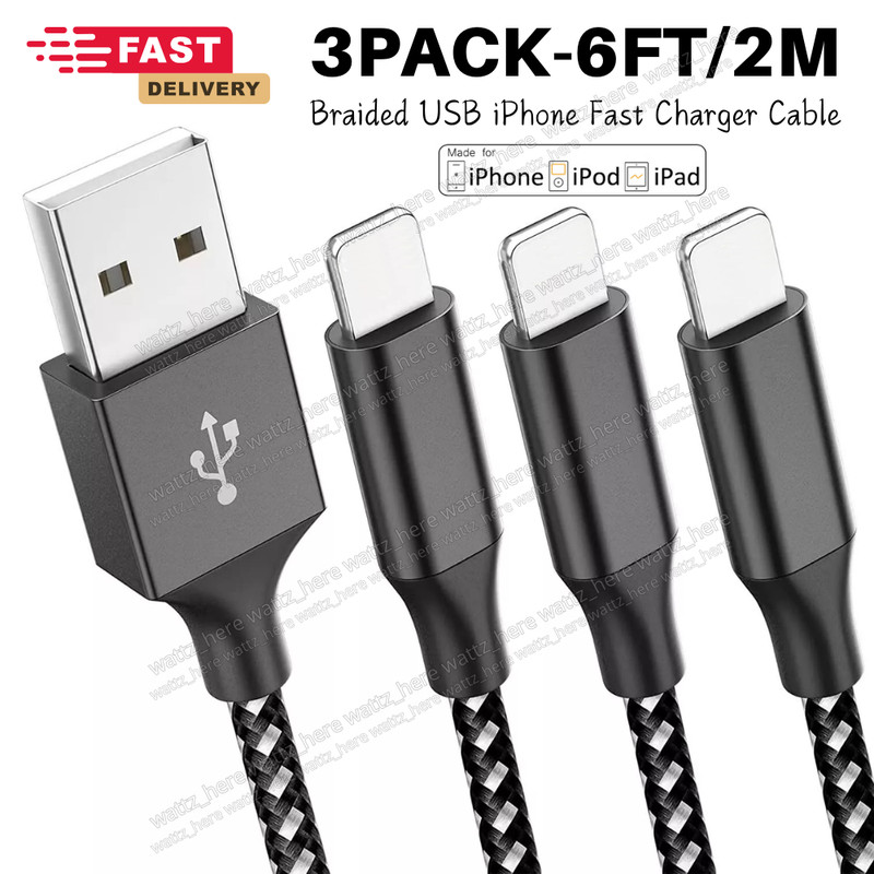 3Pack 6ft Fast Charger Cable Heavy Duty USB Cord For iPhone 14 13 12 11 X XR 8 7